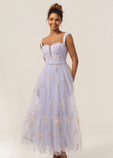 Jennifer | Light Purple Floral A Line Sweetheart Midi Prom Dress - Light Purple Floral - PromDressClub